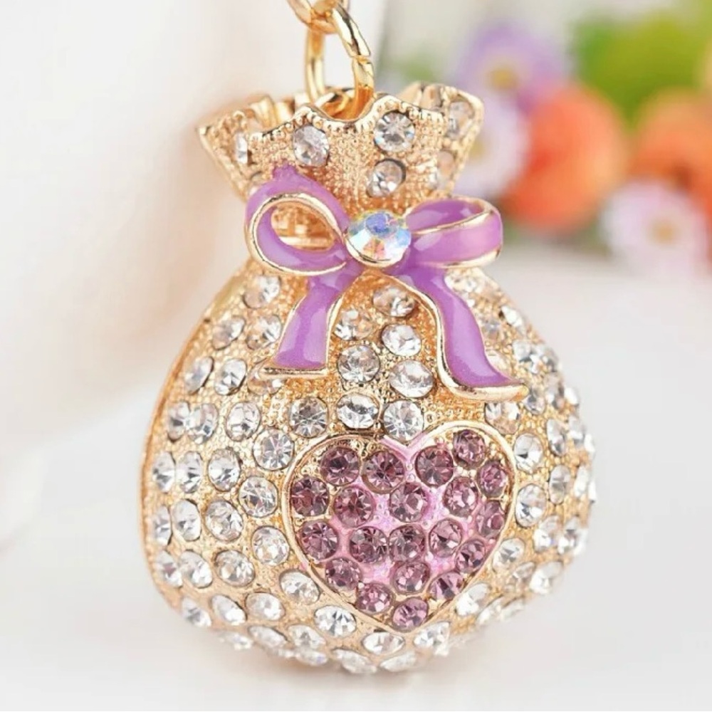 Gold Plated Diamond Crystal Good Luck Money Bag Key Chain Ring Pendant 4 Inches